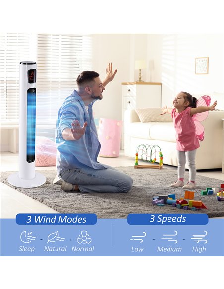 HOMCOM 38'' Freestanding Tower Fan, 3 Speed 3 Mode, 12h Timer, 70 Degree Oscillation, LED Panel, 5M Remote Controller, White