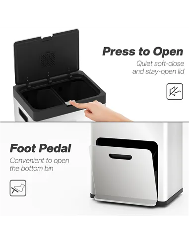 HOMCOM 56L Triple Compartment Stainless Steel Kitchen Bin, with Deodoriser Holders and Wheels - Silver Tone