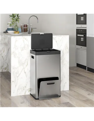 HOMCOM 56L Triple Compartment Stainless Steel Kitchen Bin, with Deodoriser Holders and Wheels - Silver Tone