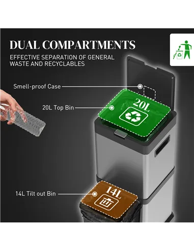 HOMCOM 34L Double Compartment Kitchen Bin, with Soft-Close Lid