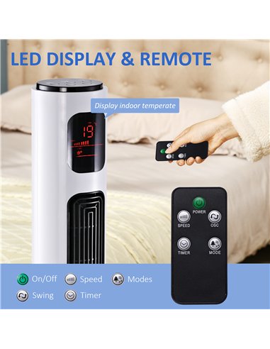 HOMCOM 38'' Freestanding Tower Fan, 3 Speed 3 Mode, 12h Timer, 70 Degree Oscillation, LED Panel, 5M Remote Controller, White