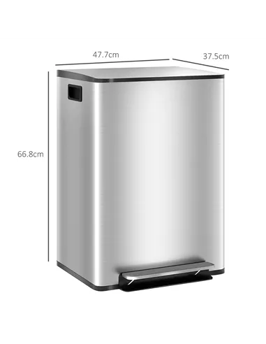 HOMCOM 60L Dual Compartment Stainless Steel Bin, with Deodoriser Holders - Silver Tone