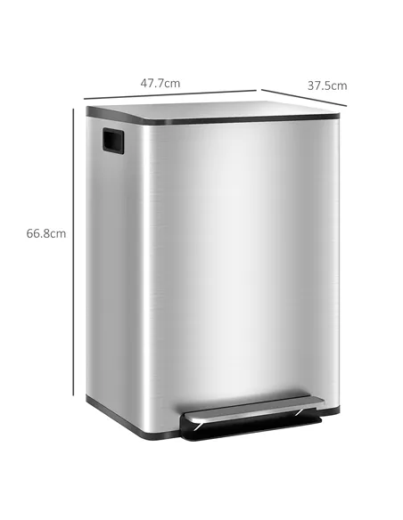 HOMCOM 60L Dual Compartment Stainless Steel Bin, with Deodoriser Holders - Silver Tone