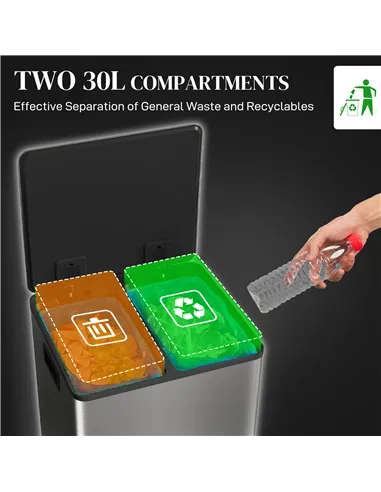 HOMCOM 60L Dual Compartment Stainless Steel Bin, with Deodoriser Holders - Silver Tone