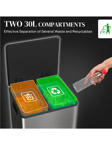 HOMCOM 60L Dual Compartment Stainless Steel Bin, with Deodoriser Holders - Silver Tone