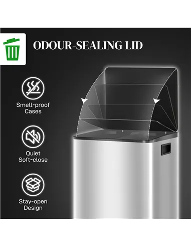 HOMCOM 60L Dual Compartment Stainless Steel Bin, with Deodoriser Holders - Silver Tone