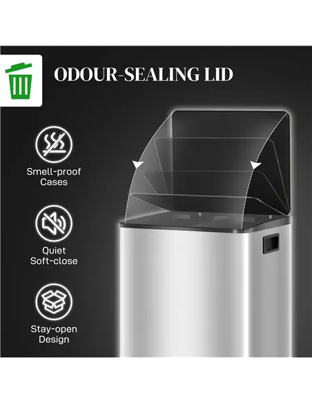 HOMCOM 60L Dual Compartment Stainless Steel Bin, with Deodoriser Holders - Silver Tone