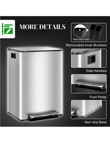 HOMCOM 60L Dual Compartment Stainless Steel Bin, with Deodoriser Holders - Silver Tone