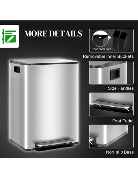 HOMCOM 60L Dual Compartment Stainless Steel Bin, with Deodoriser Holders - Silver Tone