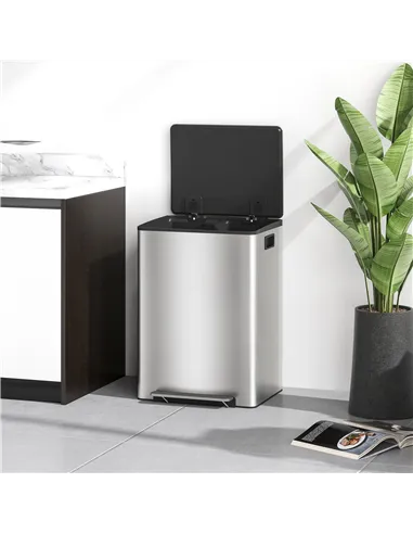 HOMCOM 60L Dual Compartment Stainless Steel Bin, with Deodoriser Holders - Silver Tone