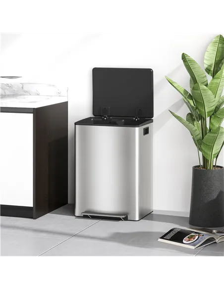 HOMCOM 60L Dual Compartment Stainless Steel Bin, with Deodoriser Holders - Silver Tone