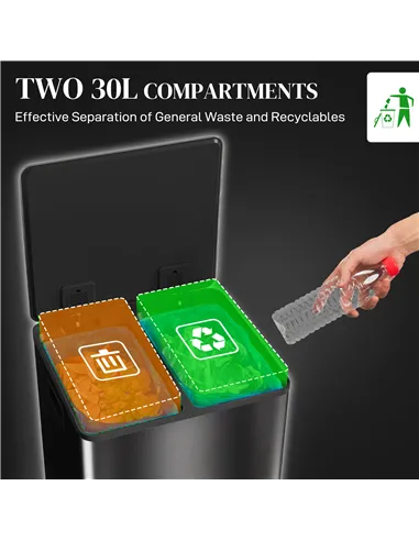 HOMCOM 60L Dual Compartment Stainless Steel Bin, with Deodoriser Holders - Black