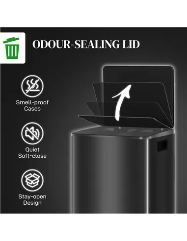 HOMCOM 60L Dual Compartment Stainless Steel Bin, with Deodoriser Holders - Black