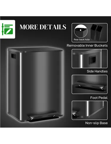 HOMCOM 60L Dual Compartment Stainless Steel Bin, with Deodoriser Holders - Black
