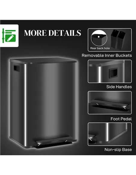 HOMCOM 60L Dual Compartment Stainless Steel Bin, with Deodoriser Holders - Black