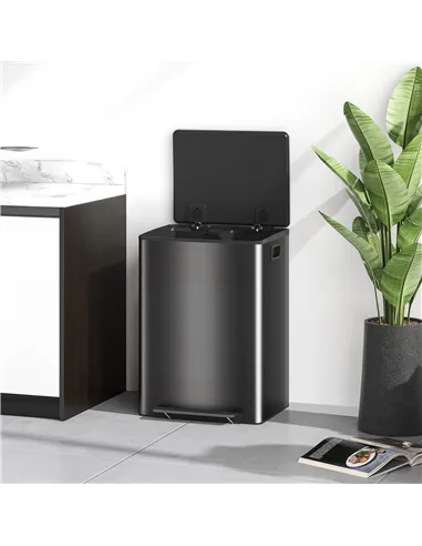 HOMCOM 60L Dual Compartment Stainless Steel Bin, with Deodoriser Holders - Black