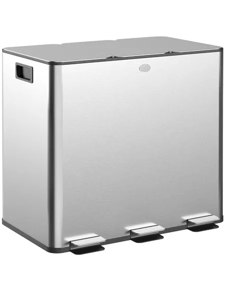 HOMCOM 3 x 15L Pedal Bin, Steel Triple Kitchen Bin with Soft Close Lid, Removable Inner Buckets, Fingerprint-Proof, Silver Tone