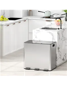 HOMCOM 3 x 15L Pedal Bin, Steel Triple Kitchen Bin with Soft Close Lid, Removable Inner Buckets, Fingerprint-Proof, Silver Tone 2