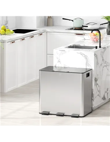 HOMCOM 3 x 15L Pedal Bin, Steel Triple Kitchen Bin with Soft Close Lid, Removable Inner Buckets, Fingerprint-Proof, Silver Tone