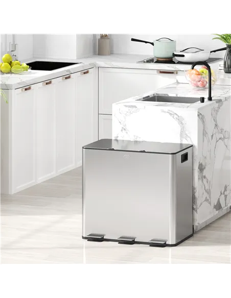 HOMCOM 3 x 15L Pedal Bin, Steel Triple Kitchen Bin with Soft Close Lid, Removable Inner Buckets, Fingerprint-Proof, Silver Tone
