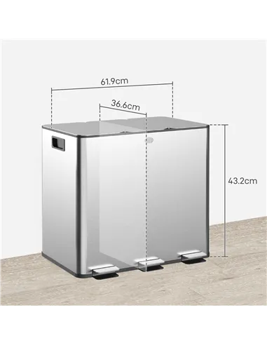 HOMCOM 3 x 15L Pedal Bin, Steel Triple Kitchen Bin with Soft Close Lid, Removable Inner Buckets, Fingerprint-Proof, Silver Tone