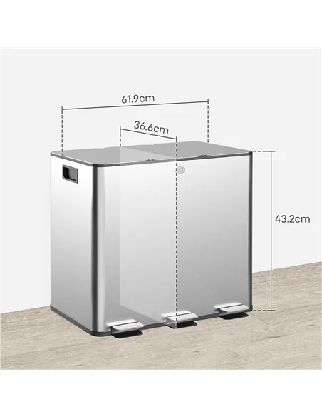 HOMCOM 3 x 15L Pedal Bin, Steel Triple Kitchen Bin with Soft Close Lid, Removable Inner Buckets, Fingerprint-Proof, Silver Tone