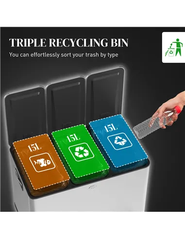 HOMCOM 3 x 15L Pedal Bin, Steel Triple Kitchen Bin with Soft Close Lid, Removable Inner Buckets, Fingerprint-Proof, Silver Tone