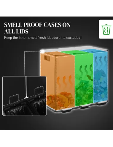 HOMCOM 3 x 15L Pedal Bin, Steel Triple Kitchen Bin with Soft Close Lid, Removable Inner Buckets, Fingerprint-Proof, Silver Tone