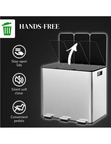 HOMCOM 3 x 15L Pedal Bin, Steel Triple Kitchen Bin with Soft Close Lid, Removable Inner Buckets, Fingerprint-Proof, Silver Tone