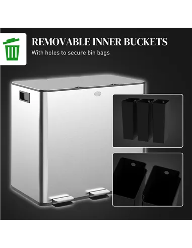 HOMCOM 3 x 15L Pedal Bin, Steel Triple Kitchen Bin with Soft Close Lid, Removable Inner Buckets, Fingerprint-Proof, Silver Tone
