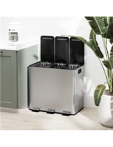 HOMCOM 3 x 15L Pedal Bin, Steel Triple Kitchen Bin with Soft Close Lid, Removable Inner Buckets, Fingerprint-Proof, Silver Tone