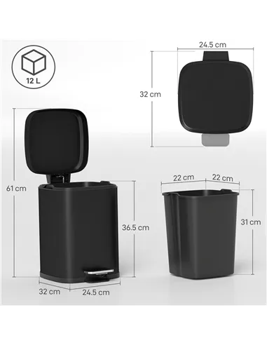 HOMCOM 12L Modern Boxy Metal Home Kitchen Bin - Black