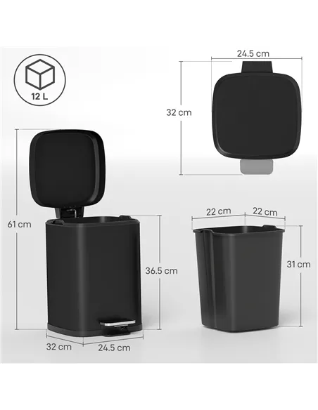 HOMCOM 12L Modern Boxy Metal Home Kitchen Bin - Black