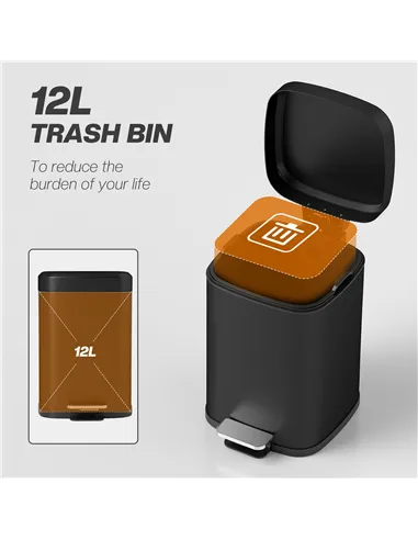 HOMCOM 12L Modern Boxy Metal Home Kitchen Bin - Black