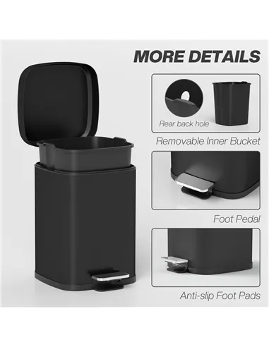 HOMCOM 12L Modern Boxy Metal Home Kitchen Bin - Black