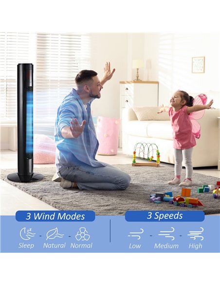 HOMCOM 38'' Freestanding Tower Fan, 3 Speed 3 Mode, 12h Timer, 70 Degree Oscillation, LED Panel, 5M Remote Controller, Black