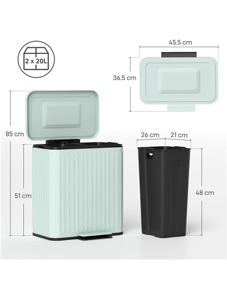 HOMCOM Dual Kitchen Bin, 2 x 20L Double Bin for Recycling and Waste, Fingerprint-proof Pedal Bin with Soft-Close Lid, Removable 