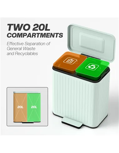 HOMCOM Dual Kitchen Bin, 2 x 20L Double Bin for Recycling and Waste, Fingerprint-proof Pedal Bin with Soft-Close Lid, Removable 