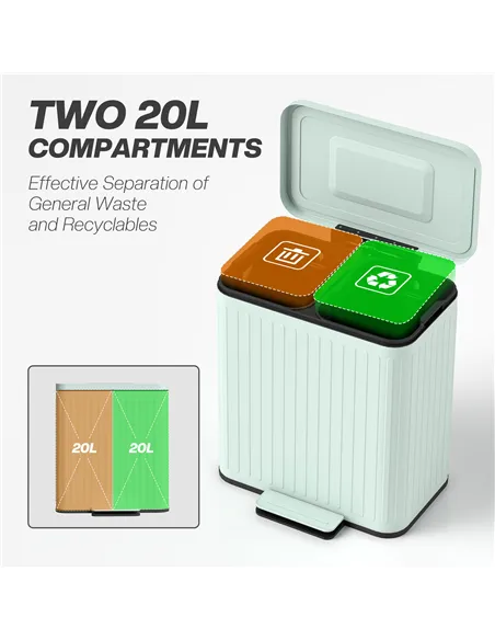 HOMCOM Dual Kitchen Bin, 2 x 20L Double Bin for Recycling and Waste, Fingerprint-proof Pedal Bin with Soft-Close Lid, Removable 