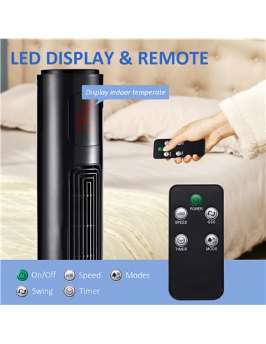 HOMCOM 38'' Freestanding Tower Fan, 3 Speed 3 Mode, 12h Timer, 70 Degree Oscillation, LED Panel, 5M Remote Controller, Black