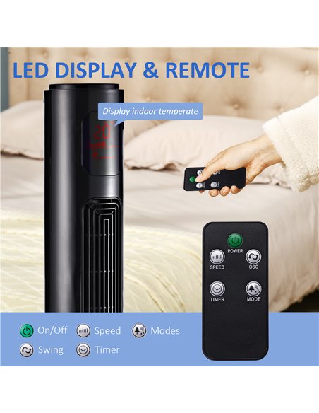 HOMCOM 38'' Freestanding Tower Fan, 3 Speed 3 Mode, 12h Timer, 70 Degree Oscillation, LED Panel, 5M Remote Controller, Black
