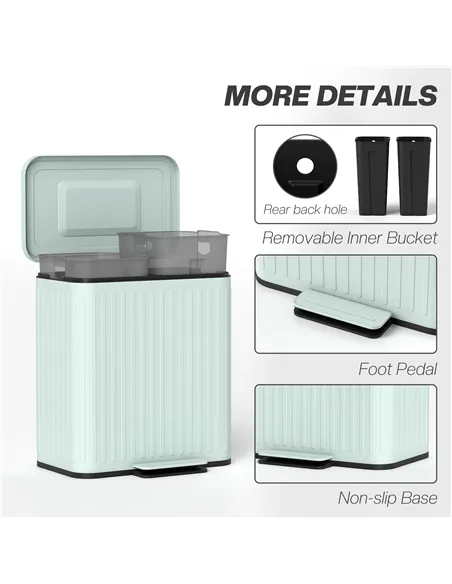 HOMCOM Dual Kitchen Bin, 2 x 20L Double Bin for Recycling and Waste, Fingerprint-proof Pedal Bin with Soft-Close Lid, Removable 