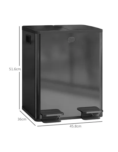 HOMCOM 40L Dual Compartment Stainless Steel Bin, with Deodoriser Holders - Black
