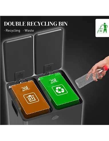 HOMCOM 40L Dual Compartment Stainless Steel Bin, with Deodoriser Holders - Black