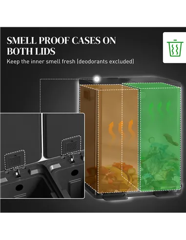 HOMCOM 40L Dual Compartment Stainless Steel Bin, with Deodoriser Holders - Black