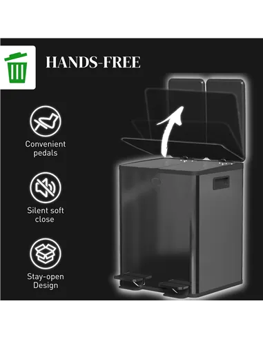 HOMCOM 40L Dual Compartment Stainless Steel Bin, with Deodoriser Holders - Black