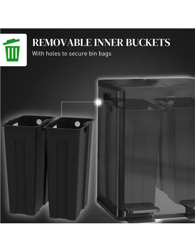 HOMCOM 40L Dual Compartment Stainless Steel Bin, with Deodoriser Holders - Black