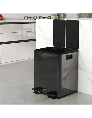 HOMCOM 40L Dual Compartment Stainless Steel Bin, with Deodoriser Holders - Black