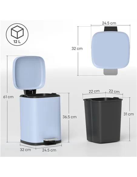 HOMCOM 12L Modern Boxy Metal Home Kitchen Bin - Light Blue
