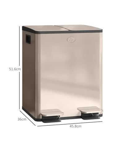 HOMCOM 40L Dual Compartment Stainless Steel Bin, with Deodoriser Holders - Gold Tone